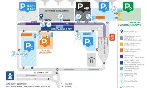 Schemat lotniska Balice: przyloty, odloty, parkingi (VIP, krótko- i długoterminowe), strefy Kiss & Fly, TAXI.