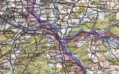 Mapa przedstawia obszar z zaznaczoną granicą 3 państw, z widocznymi miastami jak Katowice, Mysłowice i Jaworzno.
