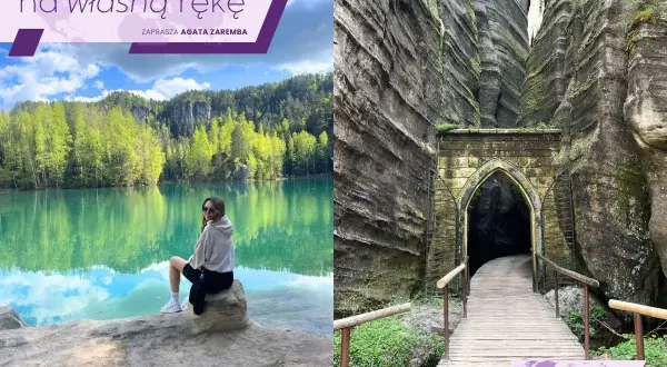 Podróżniczka siedzi nad turkusowym jeziorem, a obok widać wejście do skalnego miasta w Polsce.