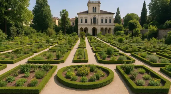 Geometryczny ogród botaniczny w Padwie z okazałym budynkiem w tle.