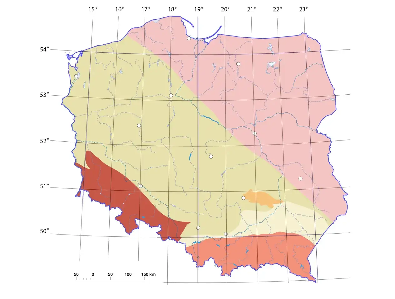 Mapa Polski z zaznaczonymi obszarami, które mogły być w przeszłości wulkanami. Kolory wskazują różne strefy geologiczne.