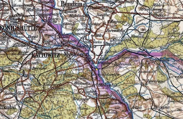 Mapa przedstawia obszar z zaznaczoną granicą 3 państw, z widocznymi miastami jak Katowice, Mysłowice i Jaworzno.